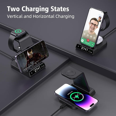 YiJYi 3 in 1 Wireless Charging Station with Digital Clock for iWatch SE/6/5/4/3/2/1, AirPods Pro, iPhone 15/14/13/12/11