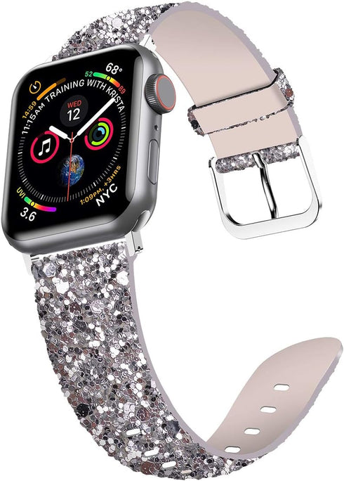 iiteeology Compatible with Apple Watch Band 46mm 45mm 44mm 42mm, Glitter Shiny Bling Leather Band for iWatch Series