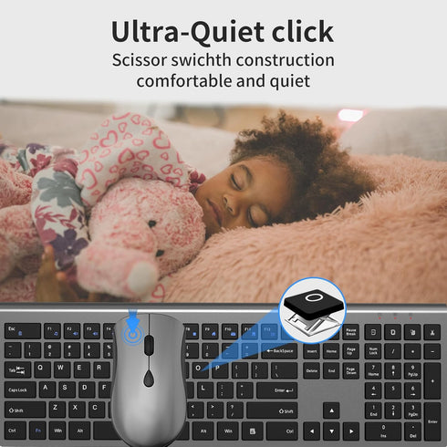 Wireless Keyboard and Mouse Combo, Slim Silent Keyboard and Mouse with USB Mini Receiver, Ergonomic Full-Size - Space