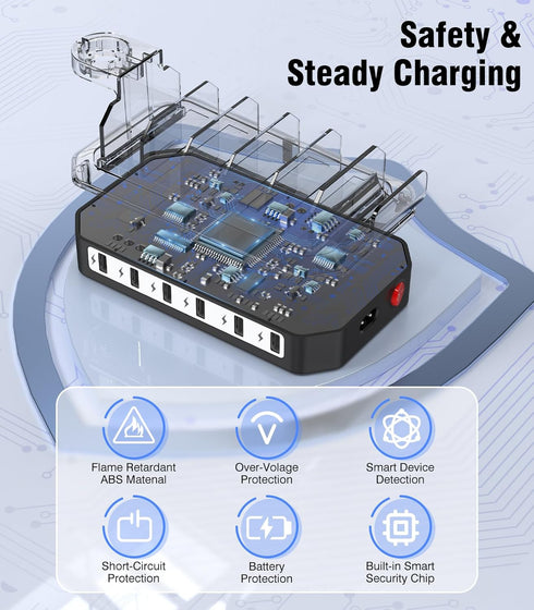 6-Port USB Charging Station, 60W Fast Charging Station for Multiple Devices with Apple Watch Holder & 6 Cables,