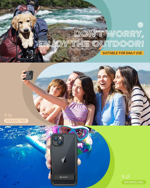 Lanhiem 15 IP68 15, 6.1 Inch for iPhone Case with Kickstand, Waterproof Dustproof Built-in Screen Protector, Full Body