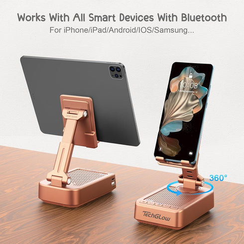 TechGlow 360 Gifts for Men Women Foldable Cellphone Stand with Bluetooth Speaker and Charging Function Rotatable Phone