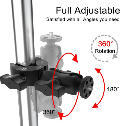 Super Camera Clamp Mount Double Socket Arm with 1/4"-20 Ball Head for GoPro, DSLR, LED Lights