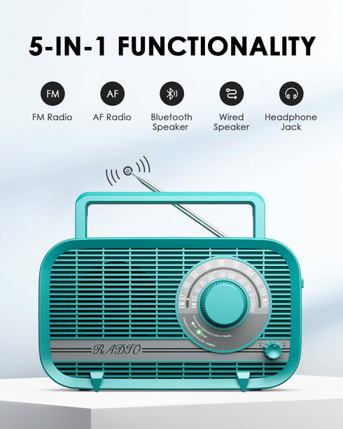 Radio with Bluetooth, Radio Portable AM FM, Plug in Wall and Play, or AA Battery Operated Radios, Best Reception Vintage Retro Radio Built in Clear Speaker Headphone/AUX in Jack Green