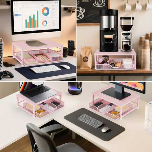 Small Pink Laptop Stand for Desk, Monitor Stand, Office Desk Accessories, Computer Desktop Stand with Drawer for Home