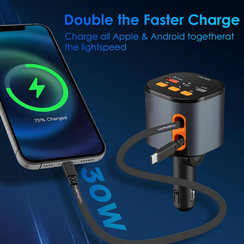 MQOUNY 5 in 1 Fast Car Phone Charger, 90W Retractable Car Charger, Bluetooth 5.3 FM Transmitter Adapter, Handsfree Call
