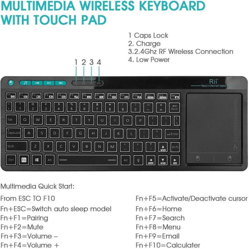 Rii K18 Plus Wireless Multimedia Keyboard, 3-LED Color Backlit with Multi-Touch Big Size Trackpad, Rechargeable for