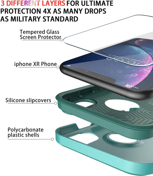 Diverbox iPhone XR Case, Teal, with Tempered Glass Screen Protector, Shockproof & Dropproof Heavy Duty Protection
