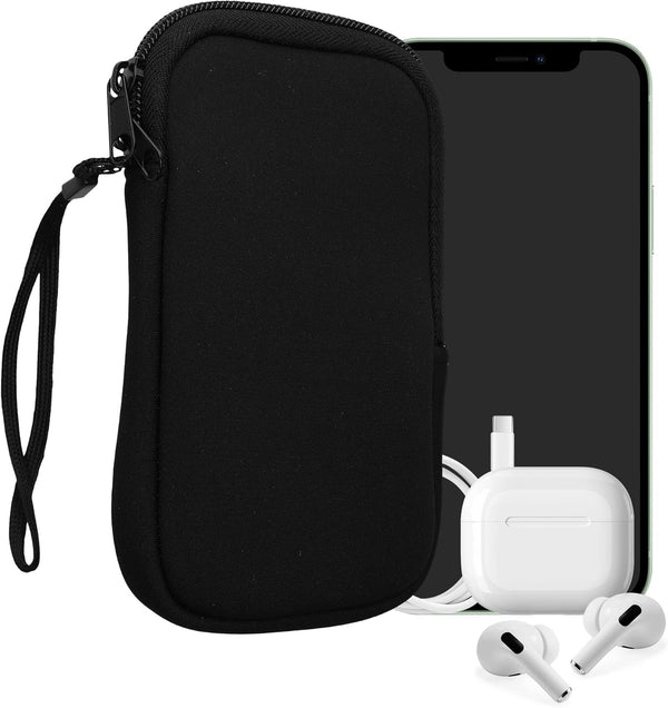 Neoprene Phone Pouch Size M - kwmobile 5.5" Universal Cell Sleeve Mobile Bag with Zipper, Wrist Strap - Black
