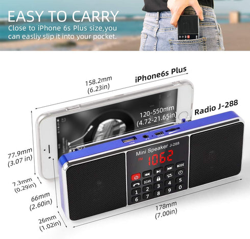 PRUNUS J-288 Portable Radio AM FM Radio with Bluetooth Speaker, Sleep Timer, Power-Saving Display, Ultra-Long Antenna, AUX Input & USB Disk & TF Card MP3 Player, NO Manual Preset
