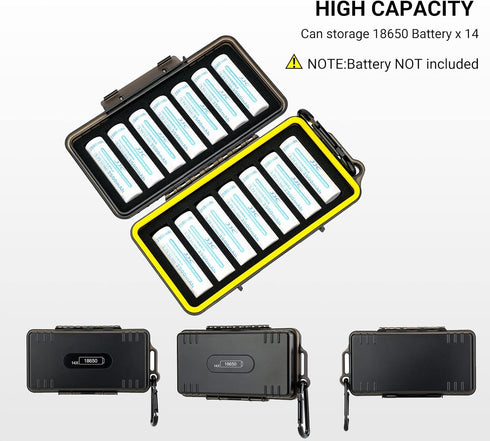 14 Slots 18650 Battery Case with Carabiner, Water-Resistant and Shockproof Storage Organizer for 14 x 18650 Batteries