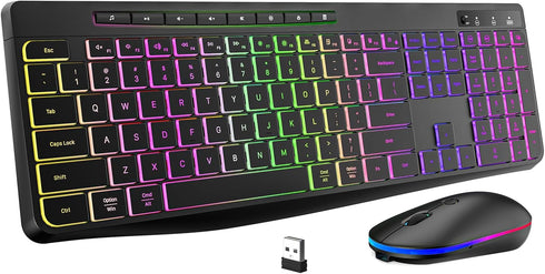 Wireless Keyboard and Mouse Combo with Backlit, 2.4G Full Size Ergonomic Keyboard with Light Up Letters, Rechargeable