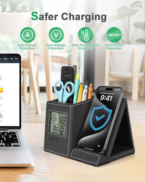 Pen Holder for Desk, Multi-Functional Organizer with Wireless Charger, Indoor Thermometer, Home Office Supplies