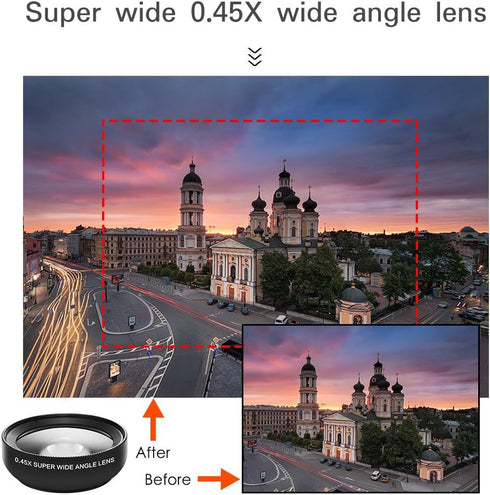 Phone Camera Lens, Professional Attachment Universal Clip on Cell Phone Photography Kit, 0.45X Wide Angle 12.5X Super