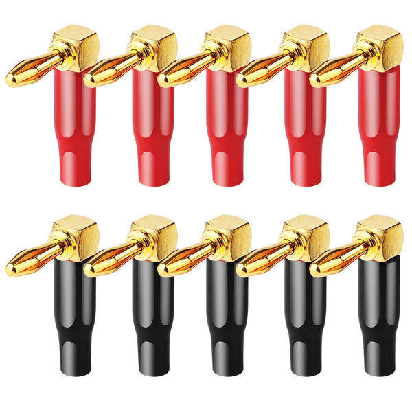 10pcs Right Angle Banana Plugs - 4mm/0.16" 90 Degree Speaker Connector in Red and Black for Audio Connections