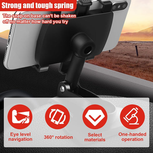 UHANBUT 360 3 7 Inch Car Phone Mount, Rotatable ABS Auto Rearview Mirror Cellphone Bracket Clip with Non-Slip Base