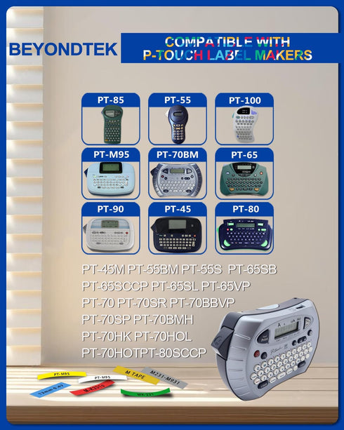 M Tape Work for PT-65 PT-70 PT-70BM, Replace with Brother P Touch M Tape 12mm Colors for Label Maker
