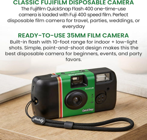 Fujifilm 400 (1 Pack QuickSnap Flash One-Time-Use Camera with Cap Keeper and Pixibytes Microfiber Cleaning Cloth...