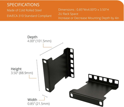 Server Rack Depth Extender - 2U, 4inch / 10 cm, TAA Compliant Rack Mount Adapter Kit, Network Rack Extender