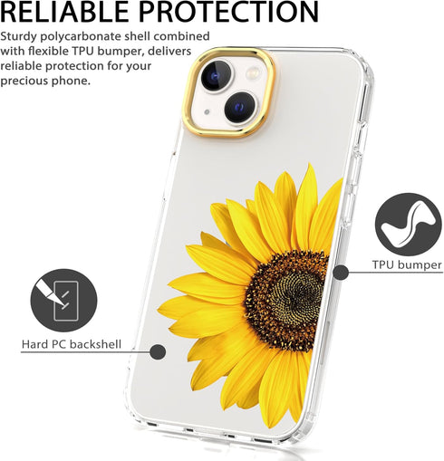 BAISRKE iPhone 15 Plus Clear Case 6.7" (2023) - Slim Shockproof Bumper, Sunflower Design + 2 Screen Protectors & 1 Lens