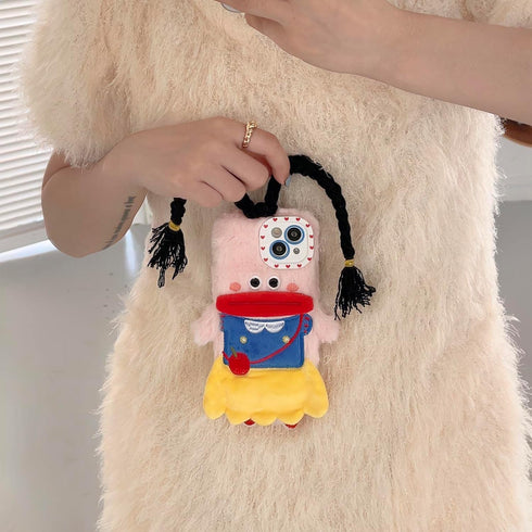Cute Kawaii 3D Cartoon iPhone 14 Case - Plush, Furry, Shockproof, Winter Warm, DIY Hair Braids for Women & Girls (Snow