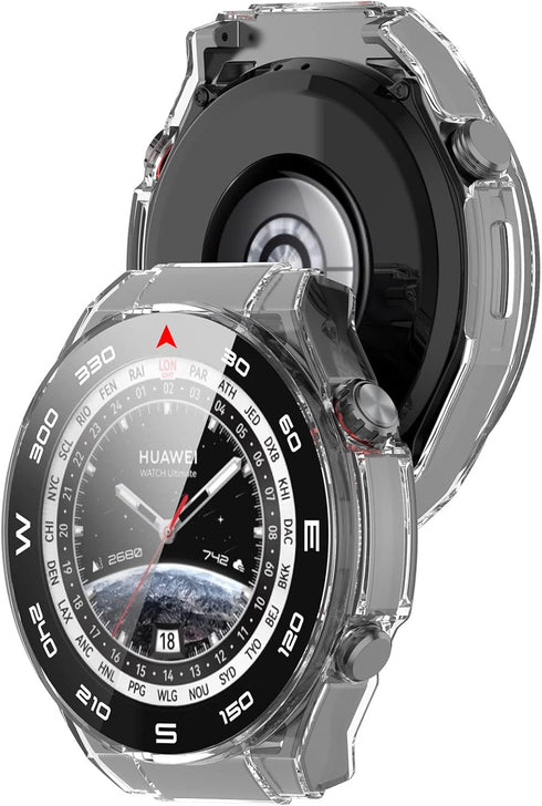 PC+Tempered Glass Screen Protector Case Compatible with Huawei Watch Ultimate Smart Watch Screen Protector for Huawei Watch Ultimate Full Coverage Bumper (Clear * 3)
