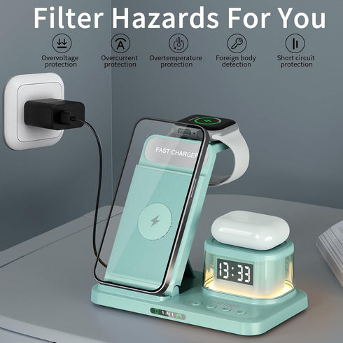 5 in 1 Foldable Wireless Fast Charger with Night Light Transparent Clock for Apple Devices, iPhone 15/14/13/12/11 Pro