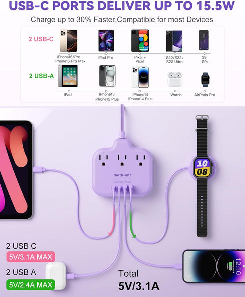 meta-ant 3 4 USB(2 1625W Purple Extension Cord with AC Outlets and USB-C) Ports, Purple Travel Power Strip, Cute Kawaii