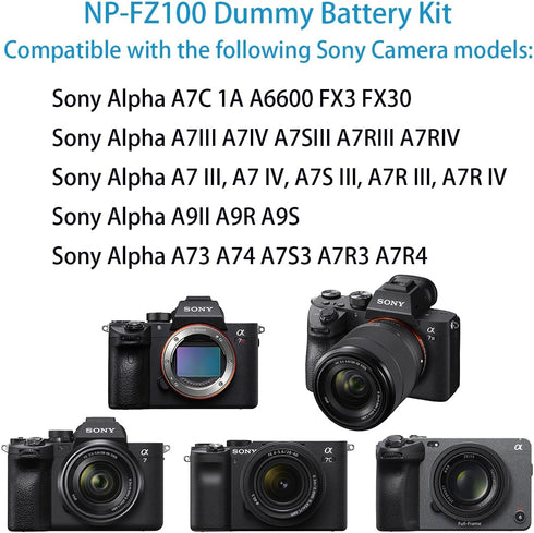 NP-FZ100 Dummy Battery AC Power Adapter Kit for Sony Alpha A7III A7IV A7C A7SIII A7RIII A7RIV Cameras