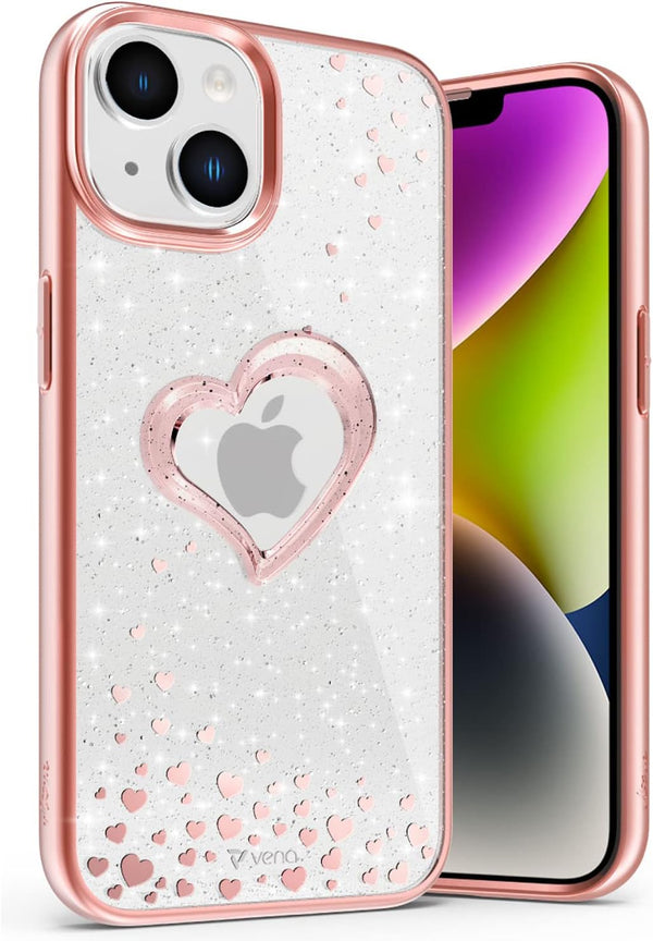 VENA vLove Glitter Clear Case for Apple iPhone 14/13 (6.1"-inch), Heart Shape Dual Layer Slim Hybrid Clear Bumper - Pink