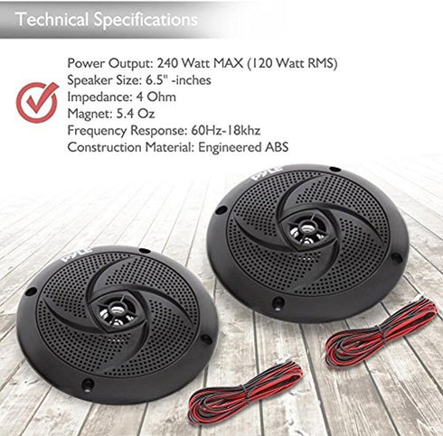 Pyle Marine Speakers, 6.5 Inch 2 Way Waterproof Outdoor Audio System, 240 Watt Power, 1 Pair, PLMRS6B Black