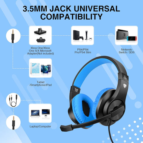 ShinePick Kids Over-Ear Gaming Headphones with Microphone and Volume Control for Kids Teens Online School (Blue)