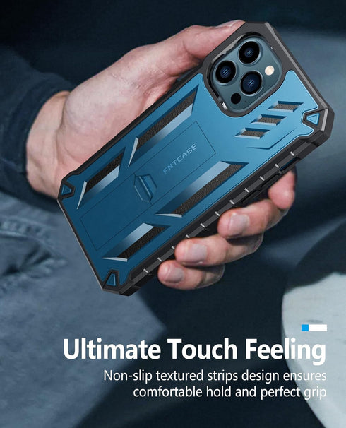 FNTCASE iPhone 12 Pro Max Case: Rugged Shockproof TPU, Military Grade Drop Protection, Kickstand, Matte Blue Cover.