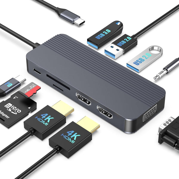 YUANSHAN Docking Station Dual Monitor, 10-in-1 USB C Hub with Dual 4K HDMI,