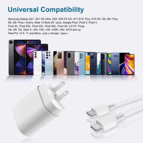 25W PD USB C Wall Charger 2 Pack & 6ft Cable for Samsung Galaxy S23 S22 S21 S20 Plus, Note 20 10 9, Pixel 6 5 4 Pro XL.