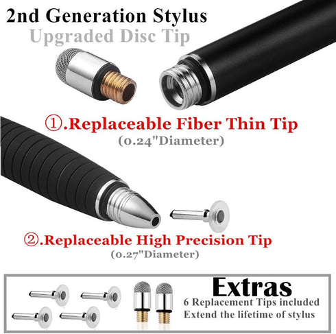 MEKO 2nd Generation Disc Stylus Pen Bundle for iPhone, iPad Pro/Mini/Air, Samsung Galaxy Note, 6 Replacement Tips