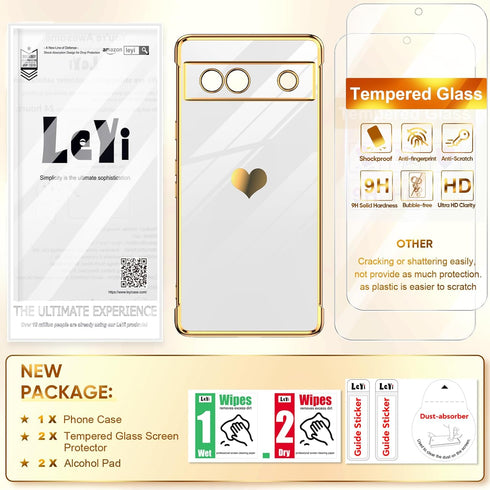LeYi Pixel 7A Phone Case with Tempered Glass Screen Protector, Love Heart Plating Luxury Soft TPU - White