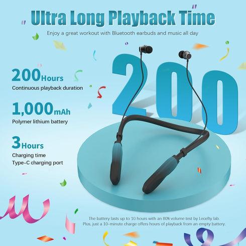 Neckband Bluetooth Headphones, 200H Extra Long Playtime Wireless Stereo Earbuds with Microphone, Waterproof for Sports
