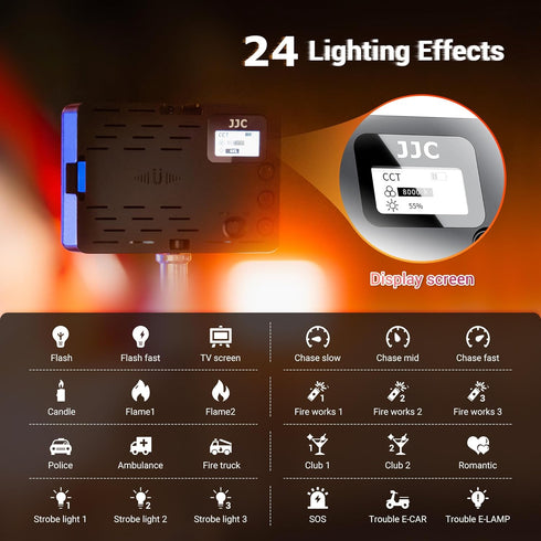 JJC RGB Video Light, 360° Full Color with 24 Effects, 2600mAh Rechargeable LED Camera Light for Photography