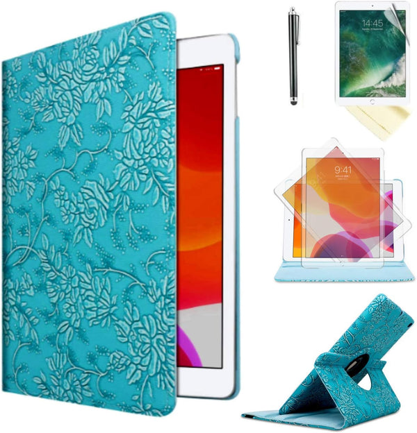 Case for iPad Air 1st Generation Models A1474 A1475 A1476, 360 Rotating Stand, Blue Embossed Flowers