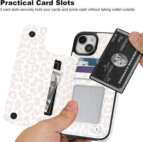 HAOPINSH iPhone 15 Plus Case Wallet with Card Holder, White Leopard Pattern Flip Folio PU Leather Case