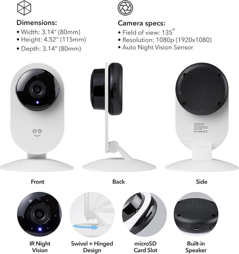 Geeni Glimpse Indoor Home Security Camera - 1080p Video Wireless WiFi, 2-Way Audio, Motion Alert Phone App (White)
