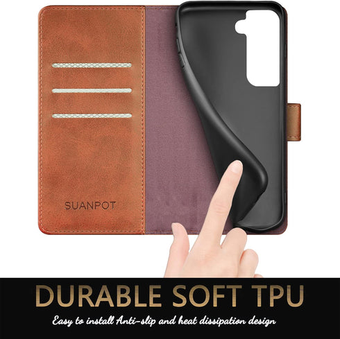SUANPOT RFID Blocking Leather Wallet Case for Samsung Galaxy S22, Flip Folio Book Shockproof Cover, Light Brown