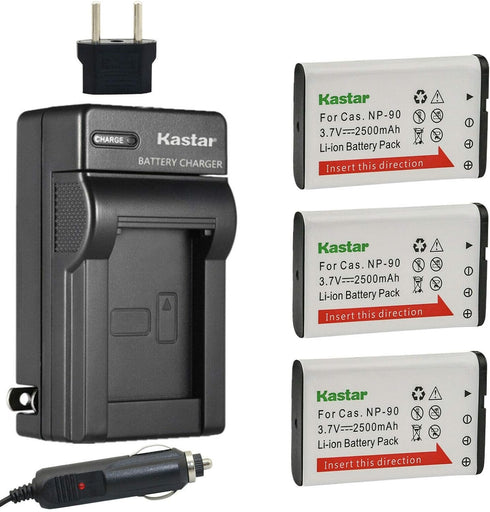 Kastar 3-Pack Battery and AC Charger with Car Adapter for Casio NP-90, Compatible with Exilim Cameras and More