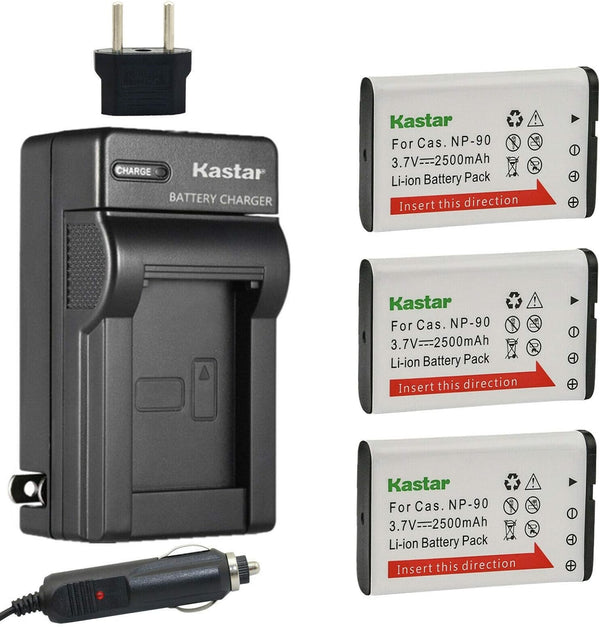 Kastar 3-Pack Battery and AC Charger with Car Adapter for Casio NP-90, Compatible with Exilim Cameras and More
