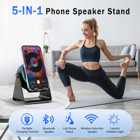 TEFELE 5-in-1 360 Wireless Induction Speaker, Bluetooth Speaker with Phone Holder, Rotation & RGB Lights, HD Stereo