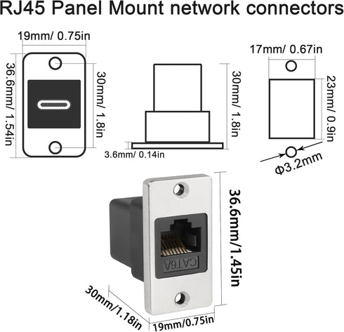 QIANRENON RJ45 Rectangular Panel Network Adapter, Cat6A RJ45 Female to Female, Mounting Network Shield Socket