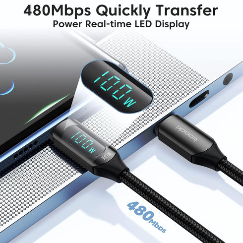 USB C to USB C Cable 100W Fast Charging Type C Charge Cable with LED Display, 480Mbps Nylon Braided for MacBook
