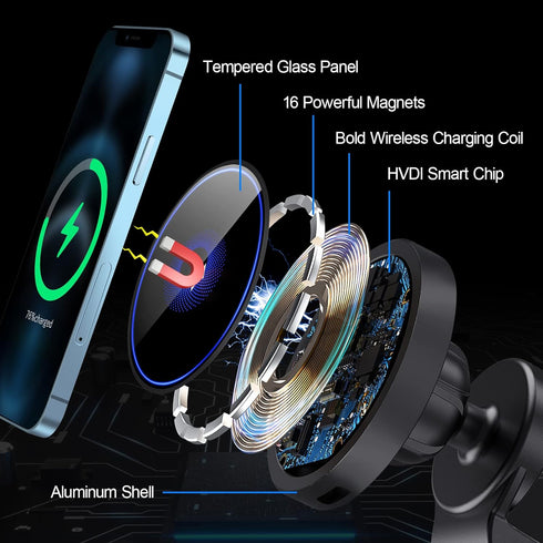 DACK Mag-Safe 15W Car Cigarette Lighter Wireless Charger, Magnetic Air Vent Mount Holder with Dual Port Fast Charging