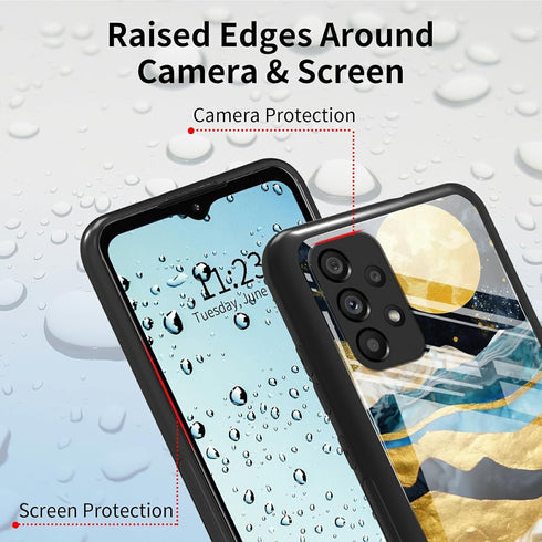Galaxy A23 5G Phone Case - Tempered Glass Black Cover with Mountain Forest Landscape Design for Women Men, Anti-Scratch